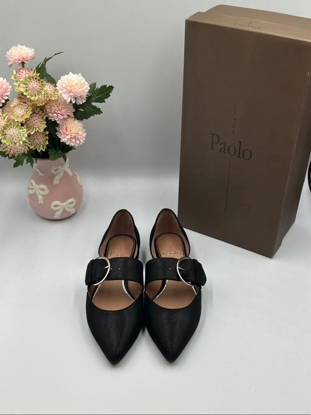Paolo Black Pointed Flats with Silver Buckle